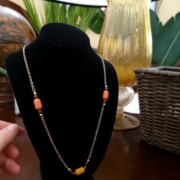Vintage Gold Chain Necklace with Amber Yellow and Orange Beads Retro 1970s Style - Picture 5 of 10